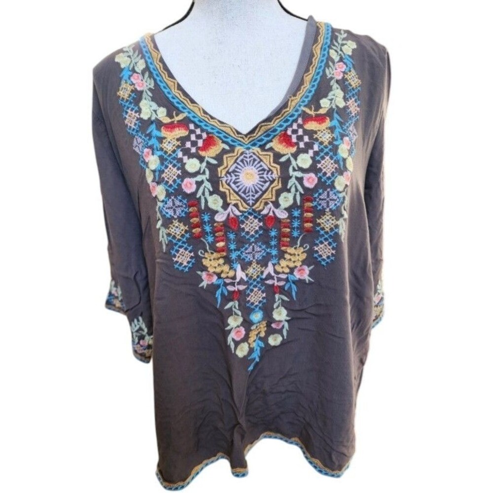 Boho Embroidered XL Blouse Lined Rayon Hippie Ethnic